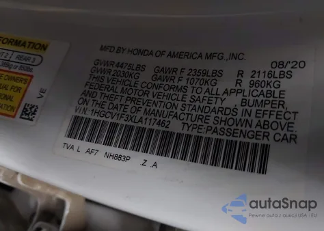 2020 Honda Accord Sport from USA, damaged, VIN 1HGCV1F3XLA117462